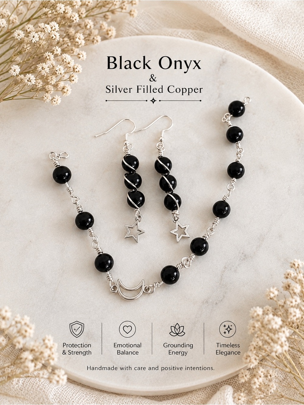 Handmade Black onyx bracelet and earrings set